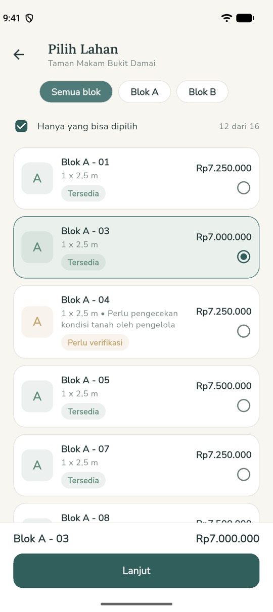 Layar pilih lahan di aplikasi